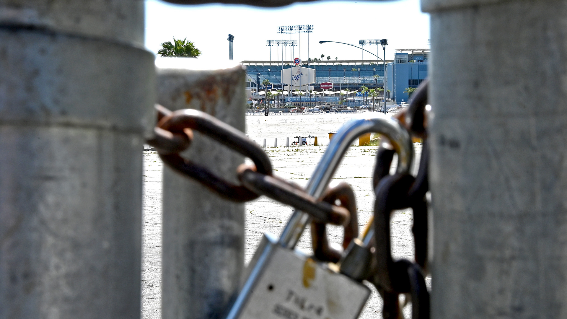 A lock on the gate at Dodger Stadium
