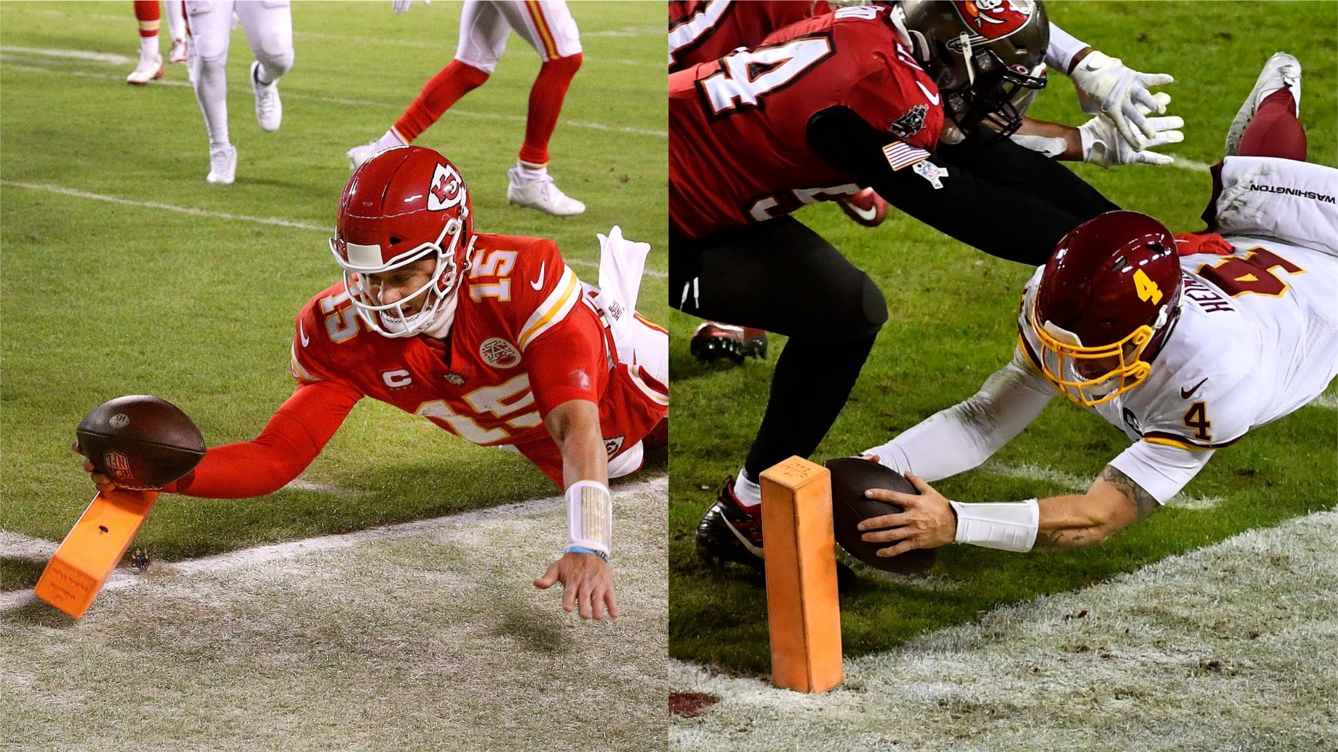 Patrick Mahomes and Taylor Heinicke dive for the pylon in separate playoff games