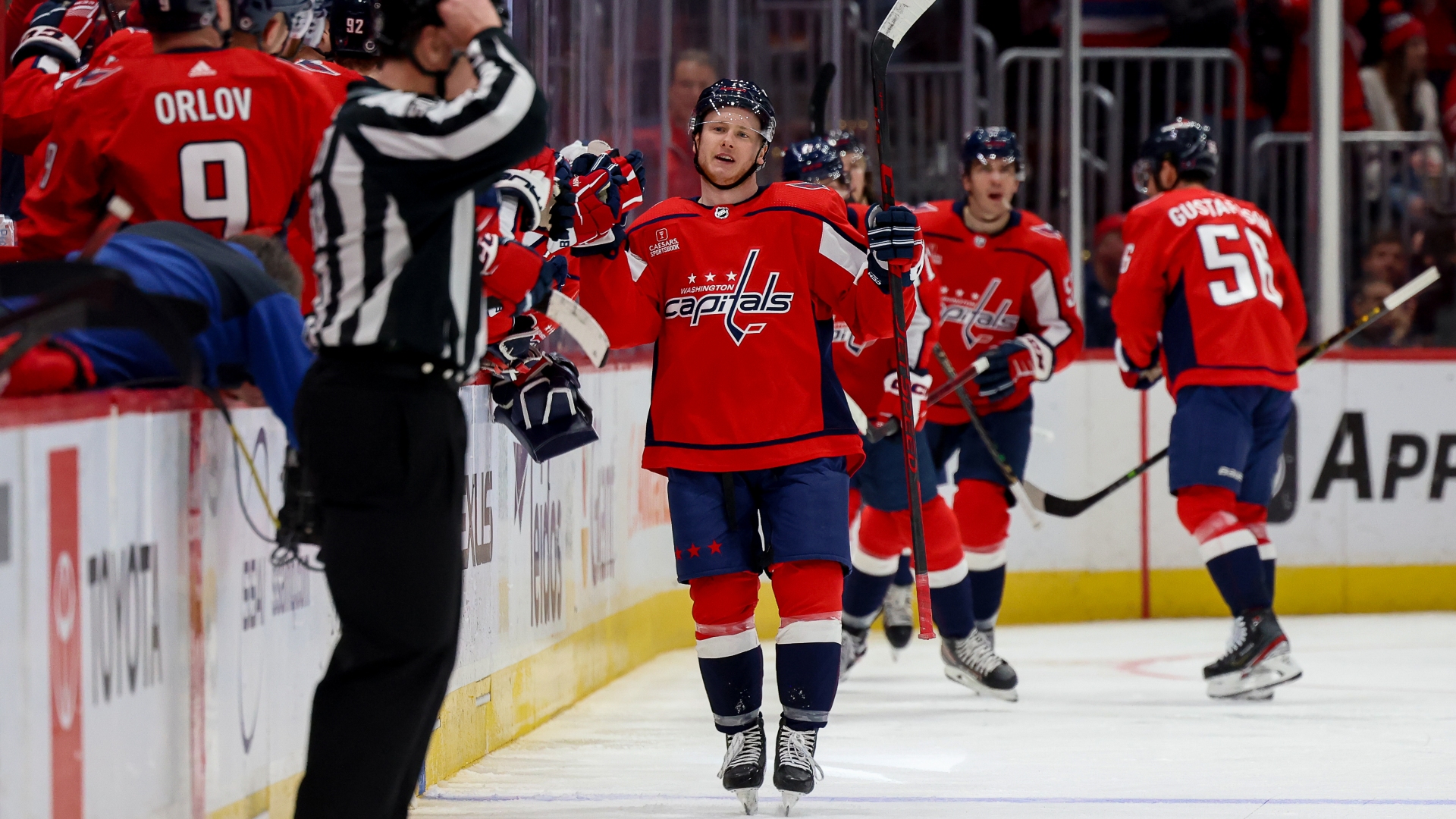 Capitals left wing Joe Snively celebrates scoring a goal against the Hurricanes
