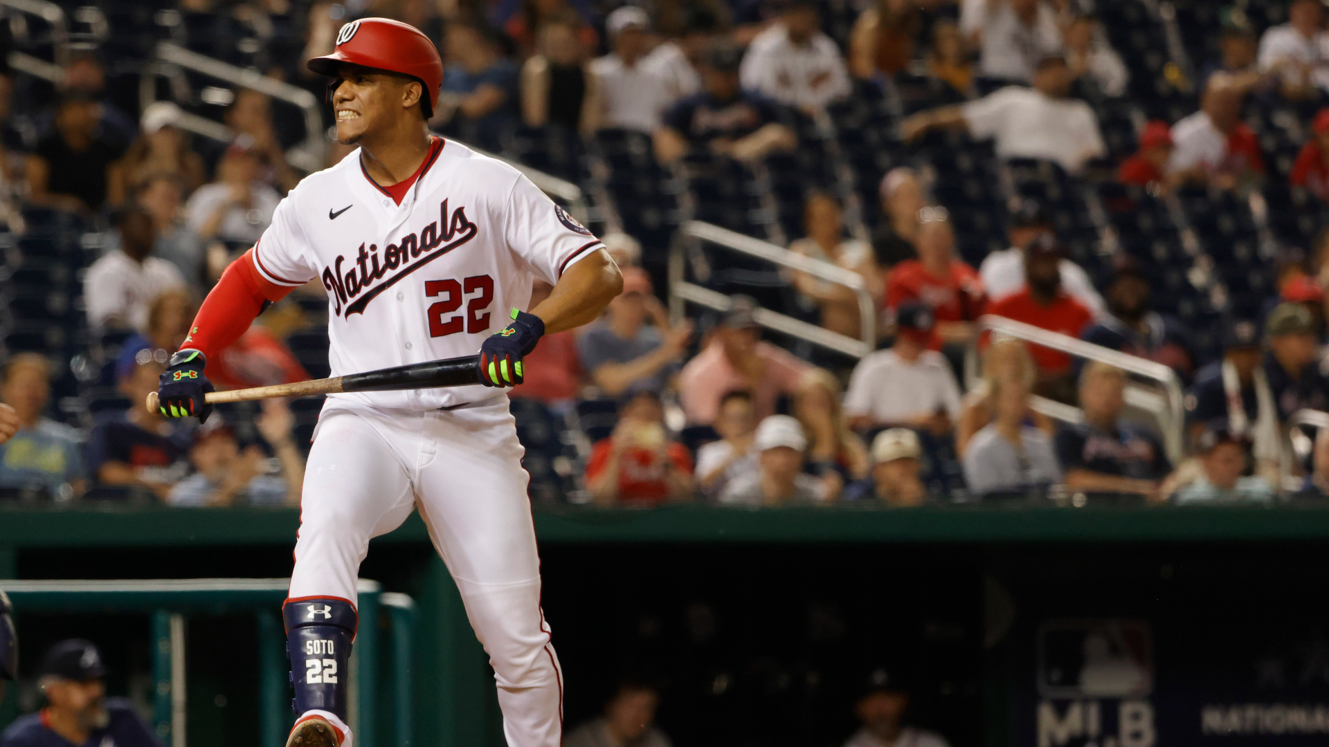 Juan Soto reacts after striking out against the Braves
