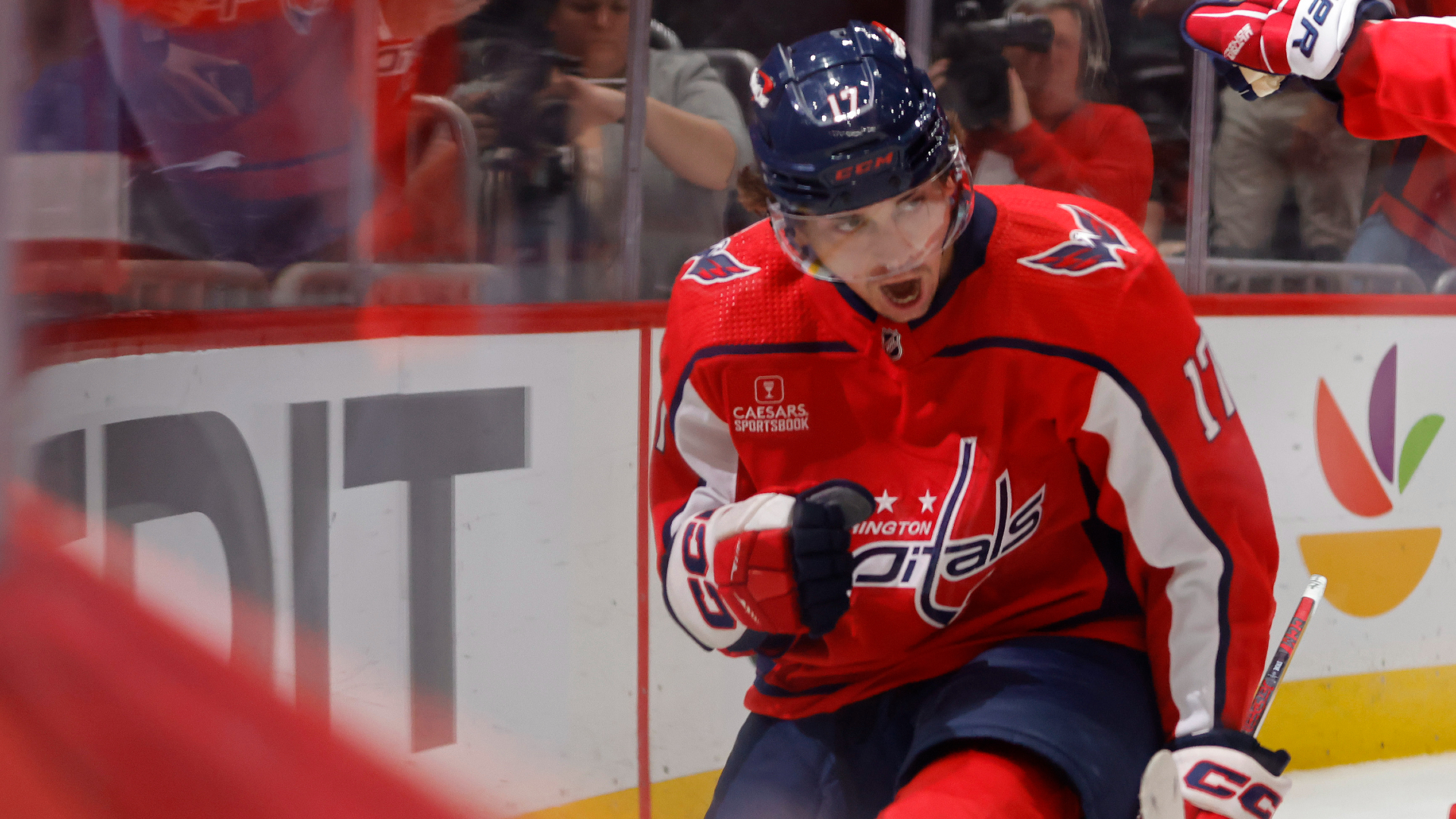 Capitals center Dylan Strome celebrates after scoring a goal against the Oilers